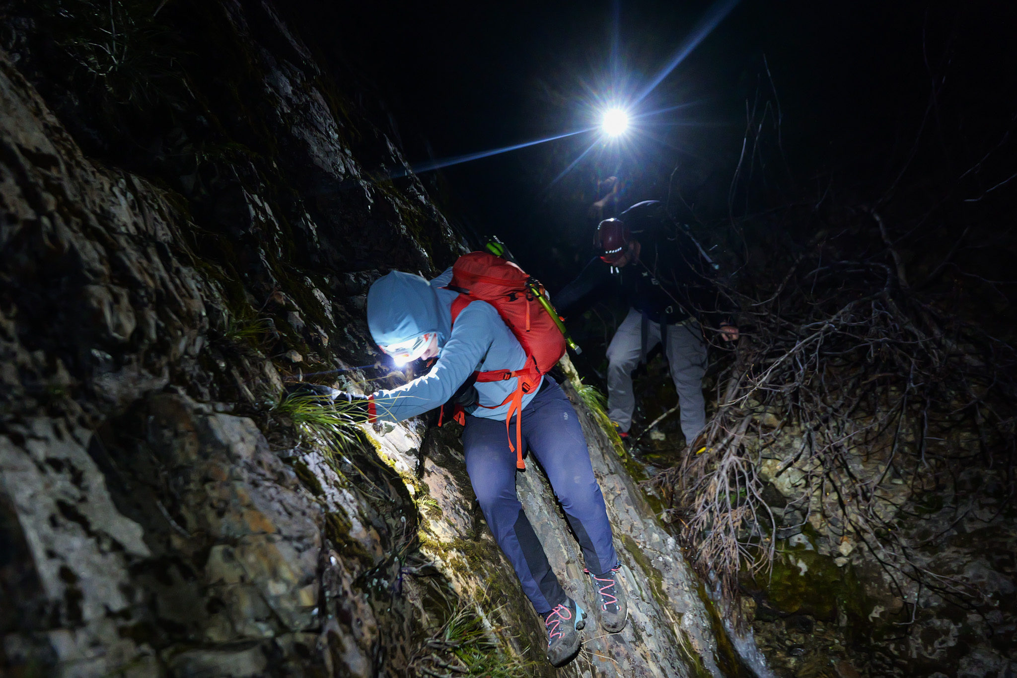 Night climbing with headlamps